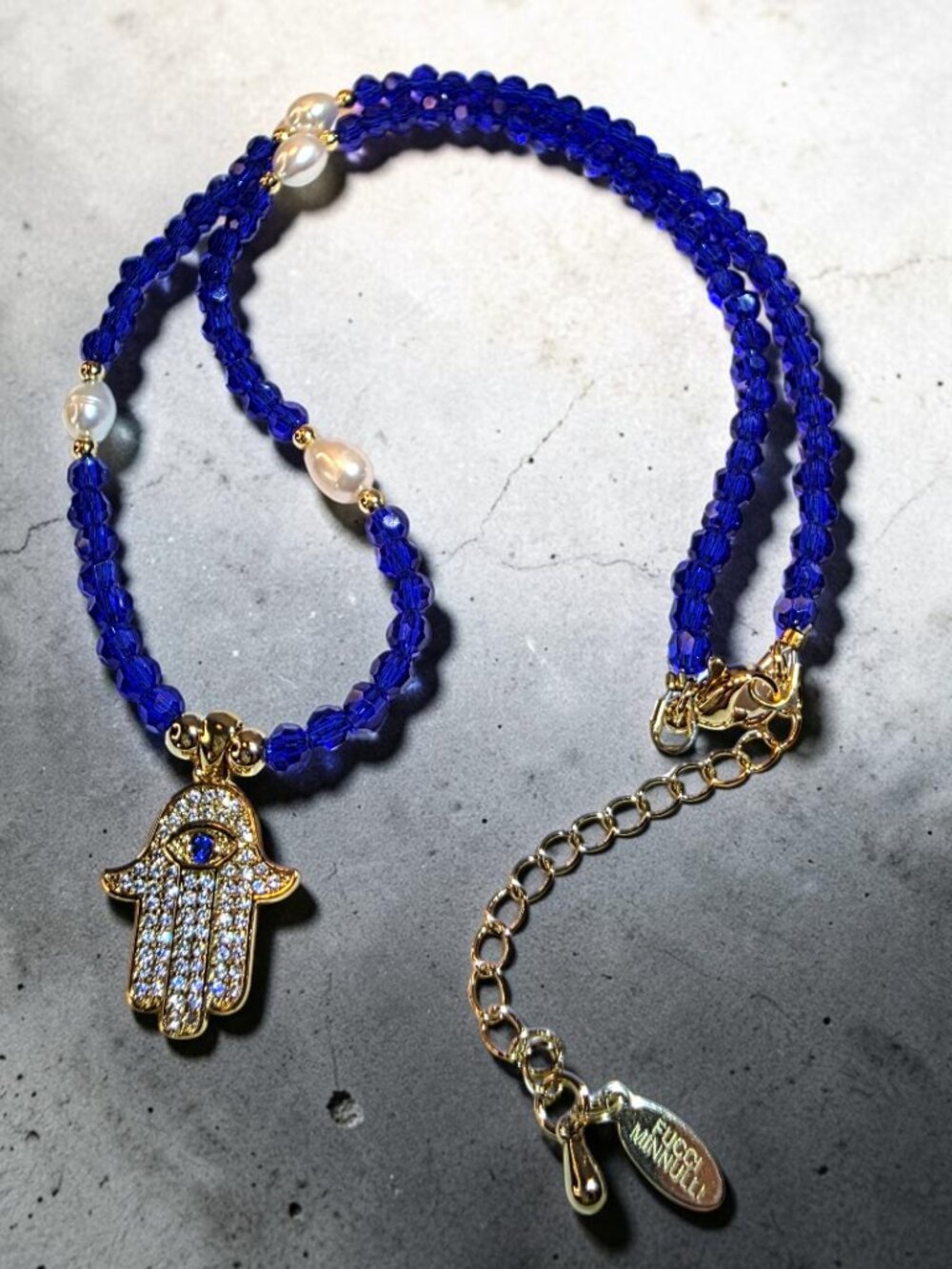 Cobalt Blue Crystal, Pearls and Hamsa Hand Charm Necklace By Fucci Minnulli
